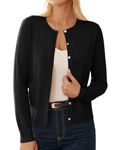 GRACE KARIN 2025 Damen Rundhals Langarm Cardigan mit Knöpfen Casual Sommer Open Front Strickjacke Schwarz L von GRACE KARIN
