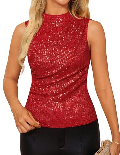 GRACE KARIN 2025 Damen Vintage Funkelnde Glitzer-Pailletten Tank Tops Ärmellos Slim Fit Party Cocktail Festlich Oberteil Rot S von GRACE KARIN