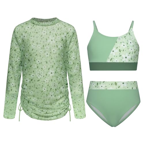 GRACE KARIN 3-teiliges Badeanzug Set für Mädchen Bikini Tankini Überzug Schnelltrocknend Süßer Urlaub Surfen Strand Bademode Set Hellgraugrüne Blüten 12 Jahre von GRACE KARIN