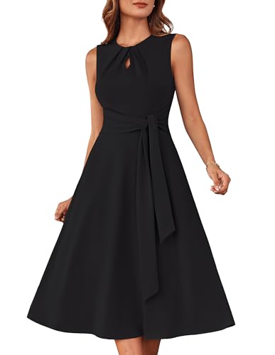 GRACE KARIN Ärmelloses Midikleid für Damen elastisches Rundhalskleid Plissiertes Cut-Out mit Gürteltaschen Schwarz 2XL von GRACE KARIN