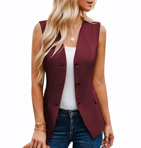 GRACE KARIN Ärmelloses Oberteil mit V-Ausschnitt für Damen Business-Jacke Tasche mit Abnehmbarem Gürtel Rotwein L von GRACE KARIN