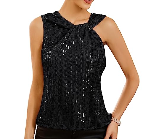 GRACE KARIN Ärmelloses Twist-Ausschnitt vorne Weihnachten Top für Damen Funkelnde Glitzer-Pailletten Enges Cocktai Sommer Tank Top Schwarz S von GRACE KARIN