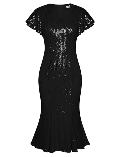 GRACE KARIN Abendkleid Damen V-Ausschnitt Elegant Glitzer Partykleid Damen Festlich Wickelkleid Damen Party M Schwarz-1 von GRACE KARIN