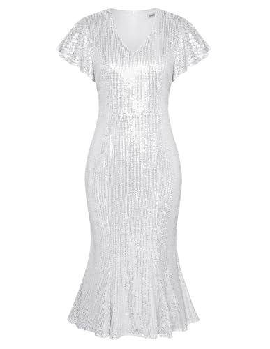 GRACE KARIN Abendkleid Damen Winter Glitzer Kleid Elegant Kleid Damen Fließend Brautjungfernkleid Festlich M Silber-2 von GRACE KARIN