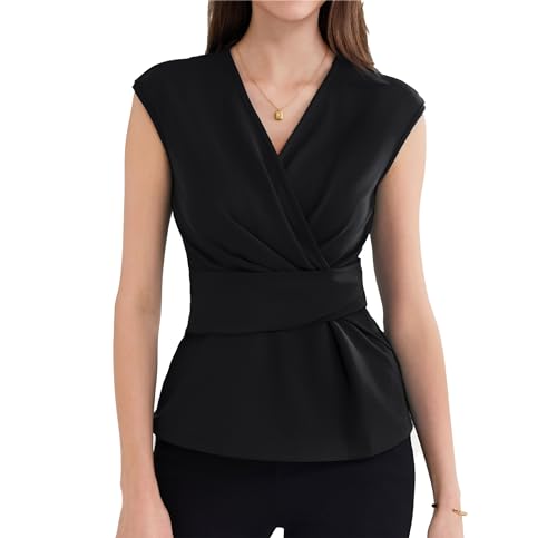 GRACE KARIN Alltag Musselin Tuniken für Damen Lang V-Ausschnitt Ärmellos Wickelbluse Slim Fit Top Schwarz XXL von GRACE KARIN