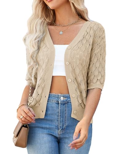 GRACE KARIN Apricot Damen Strickjacke Halbe Ärmel v-Ausschnitt Basic Strickjacke Aprikose M von GRACE KARIN