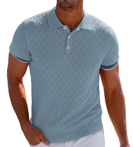 GRACE KARIN Atmungsaktive Herren-Polo-Shirts, kurze Ärmel, leichte Strickstruktur, Golf-Shirts, Tops, Grau, Blau, L von GRACE KARIN