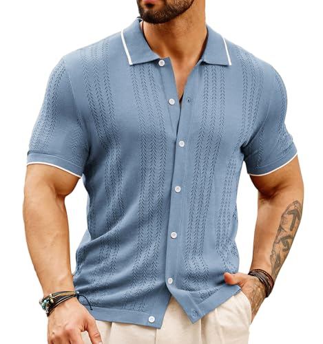 GRACE KARIN Atmungsaktives Herren-Poloshirt, gestrickt, mit Aussparungen, lässig, Button-Down-Shirt, Grau, Blau, XX-Large von GRACE KARIN