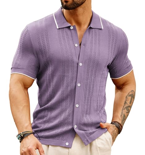 GRACE KARIN Atmungsaktives Herren-Poloshirt, gestrickt, mit Aussparungen, lässig, Button-Down-Shirt, Violett, Mittel von GRACE KARIN
