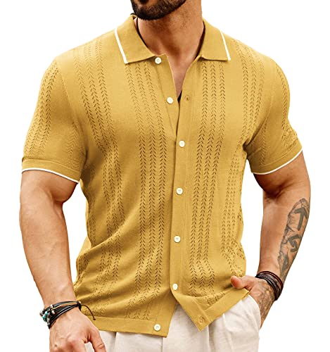 GRACE KARIN Atmungsaktives Strick-Poloshirt für Herren, mit Bowling-Knöpfen, gelb, XL von GRACE KARIN