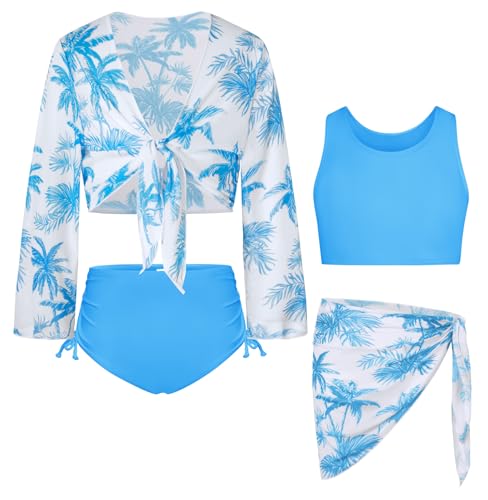 GRACE KARIN Badeanzüge für Mädchen 4 Stück blau Kokosnuss Lange Ärmel Badeanzug Bademode Größe 6-7 von GRACE KARIN