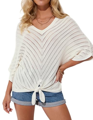 GRACE KARIN Badeanzug Bikini Strandüberwürfe Pullover Y2K Oberteile mit Aussparungen und Fledermausärmeln Stretch-Strick Elfenbeinweiß S von GRACE KARIN
