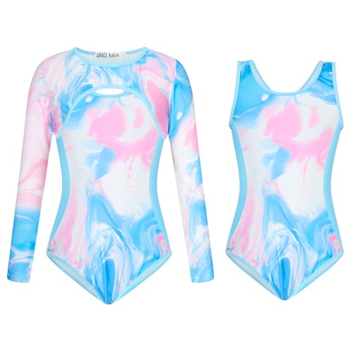 GRACE KARIN Badeanzug Mädchen Sport Einteiliger Schwimmanzug Bikini Set Langarm-Badeanzug Blau 7-8 Jahre von GRACE KARIN