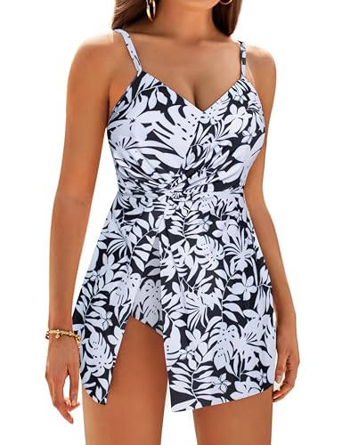 GRACE KARIN Badeanzug für Damen V-Ausschnitt Strapse Strandmode mit Futter Schutz vor Einstrahlung Weiße Pflanzenblätter XL von GRACE KARIN