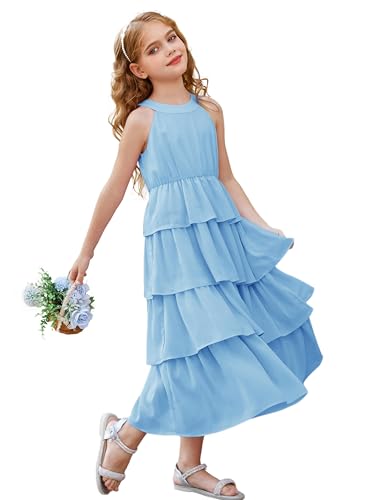 GRACE KARIN Ballkleid Mädchen Casual Kleid Festliches Hochzeit Partykleid Neckholder Kleider Prinzessin Kleid Kuchenrock Chiffon Maxikleid Hellblau 14 Jahre CL2772S24-03 von GRACE KARIN