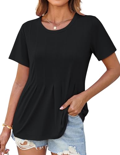 GRACE KARIN Basic Sommer Tops Damen Rundhals Kurzarm T-Shirt Plissee Top Ausgehtops Schwarz XL von GRACE KARIN