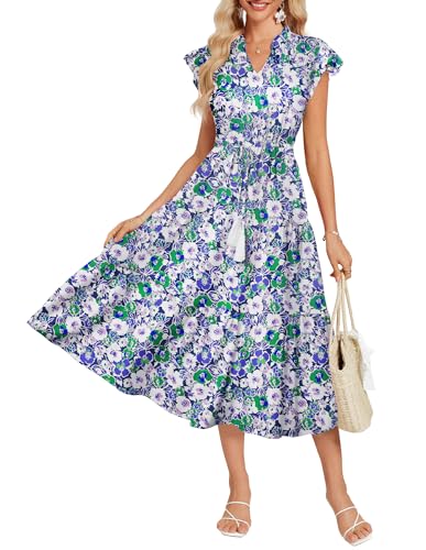 GRACE KARIN Blumen Midi Kleid für Damen Freizeit Sommer Hochzeit Kurzarm Cap Ärmel Fließende Kleider Strand Urlaub Lange Kleider mit Taschen Marineblau L von GRACE KARIN