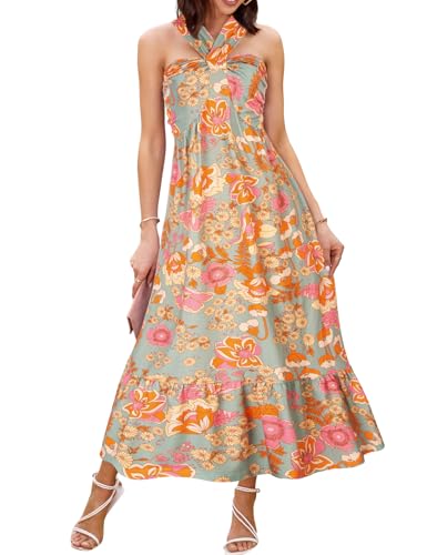 Blumen Sommerkleid Damen Neckholder Böhmisch Blumen Strandkleid Maxikleider mit Tasche cl1860-2 M von GRACE KARIN