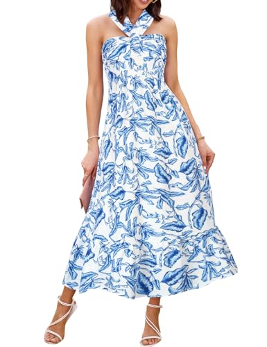 Blumen Sommerkleid Damen Neckholder Böhmisch Blumen Strandkleid Maxikleider mit Tasche cl1860-4 M von GRACE KARIN