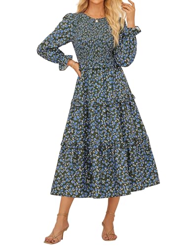 Blumen Strandkleid Maxikleid Damen Lang Boho Hohe Taille Elegant Langarm Freizeitkleider CL146-05 L von GRACE KARIN