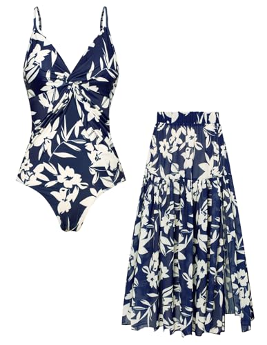 GRACE KARIN Blumenprint Bikini Frauen Badeanzug Rock Verstellbare Träger Hochtailliert Bademode Marineblau-Weiße Blume M von GRACE KARIN