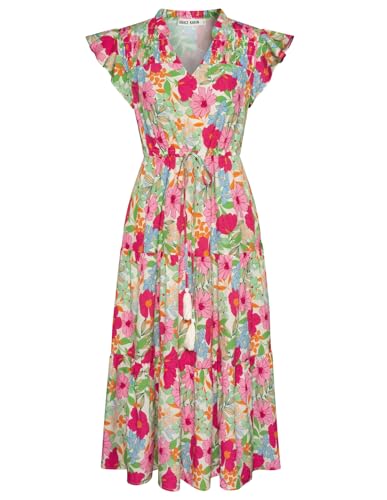 GRACE KARIN Blumiges Midikleid für Frauen Lässiges Stufenkleid Hochzeit Kurze Kappenärmel Fließende Kleider Strandurlaub Lange Kleider mit Taschen Grün Pink Floral L von GRACE KARIN