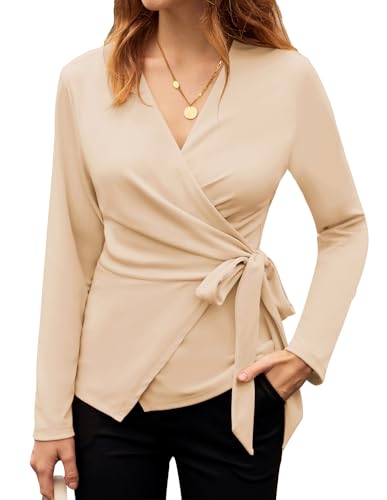 GRACE KARIN Bluse Damen Elegant Business Hochzeitsgast Oberteil Slim Fit Wickelbluse Langarm Herbst Tops XL Aprikose von GRACE KARIN