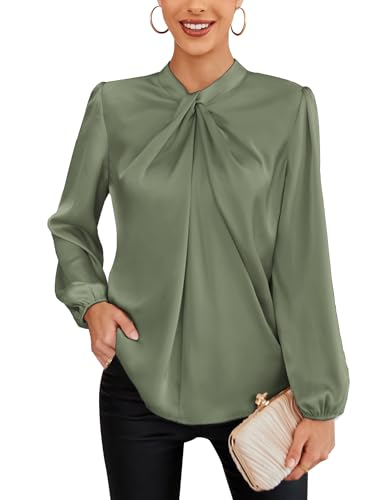 GRACE KARIN Bluse Damen Herbst Bowtie Casual Langarm Top Festliche Business Elegant Gelbgrün XXL von GRACE KARIN