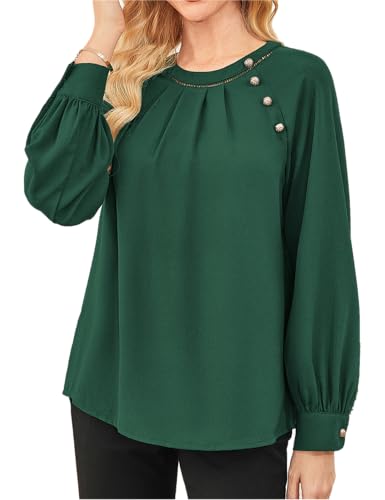 GRACE KARIN Bluse Damen Herbst Rundhals mit Knöpf Laterne Langarm Oberteile Damen Elegant Business Festliche Dunkelgrün XXL von GRACE KARIN