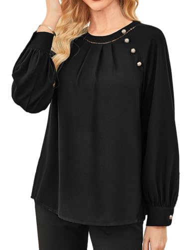 GRACE KARIN Bluse Damen Herbst Rundhals mit Knöpf Laterne Langarm Oberteile Damen Elegant Business Festliche Schwarz XXL von GRACE KARIN