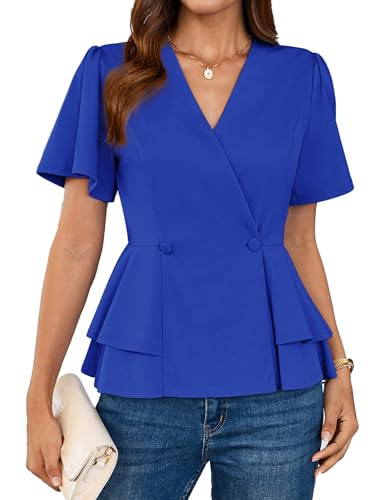 GRACE KARIN Bluse Damen Kurzarm Festliche Bluse Weihnachten Tops V-Ausschnitt Wickelbluse Slim Fit XL Blau-2 von GRACE KARIN