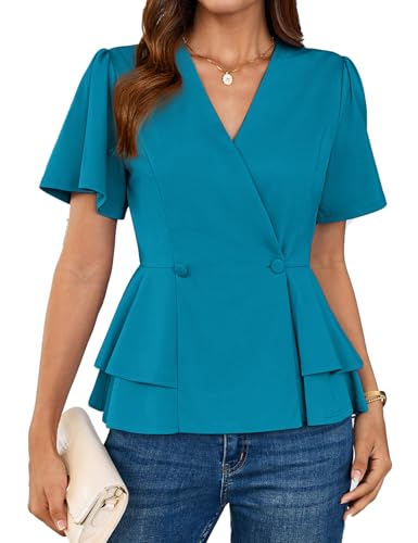 GRACE KARIN Bluse Damen Kurzarm Festliche Bluse Weihnachten Tops V-Ausschnitt Wickelbluse Slim Fit XL Blau Grün-4 von GRACE KARIN