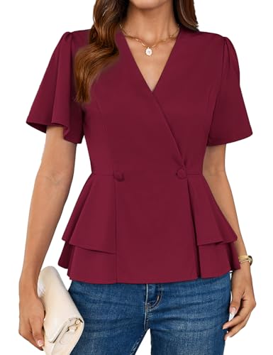 GRACE KARIN Bluse Damen Kurzarm Festliche Bluse Weihnachten Tops V-Ausschnitt Wickelbluse Slim Fit CL0362/Weinrot XL GRACE KARIN Bluse Damen Kurzarm Festliche Bluse Weihnachten Tops V-Ausschnitt Wickelbluse Slim Fit CL0362/Weinrot XL von GRACE KARIN