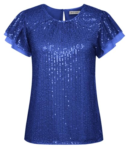 GRACE KARIN Bluse Damen Kurzarm Glitzer Bluse Party Pailletten Shirt Elegant Rundhals XXL Blau-10 von GRACE KARIN