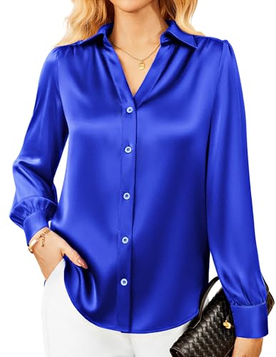 GRACE KARIN Bluse Damen Langarm Casual Satin Bluse V-Ausschnitt Knopfleiste Oberteile Hemdbluse Langarmshirt Business Blau L von GRACE KARIN