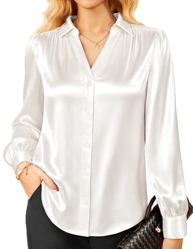 GRACE KARIN Bluse Damen Langarm Casual Satin Bluse V-Ausschnitt Knopfleiste Oberteile Hemdbluse Langarmshirt Business Weiß L von GRACE KARIN