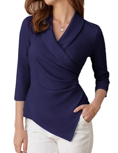 GRACE KARIN Blusen Damen Elegant 3/4 Lange Ärmel Festliches Outfit Damen WickelBlusen Slim fit Gothic Oberteile ElegantXXL Marineblau -9 von GRACE KARIN