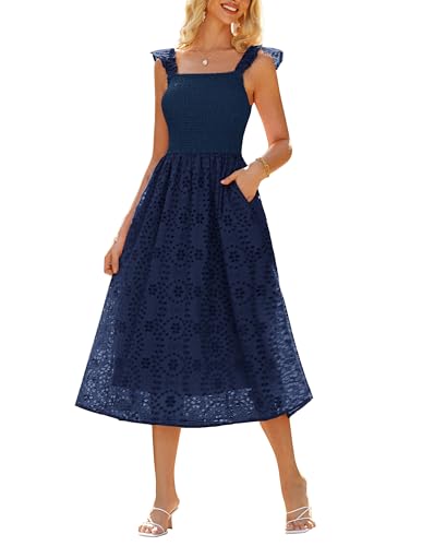 GRACE KARIN Damen MidiKleid Sommer Freizeit Square Neck Hohe Taille Tunika Strandkleid M Dunkelblau von GRACE KARIN