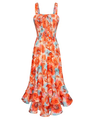 GRACE KARIN Boho Kleid Damen Casual Strandkleider Elegant Blumenkleid fließender Schwung Lässig Spaghetti Trägerkleid M Orangefarbene Blumen von GRACE KARIN