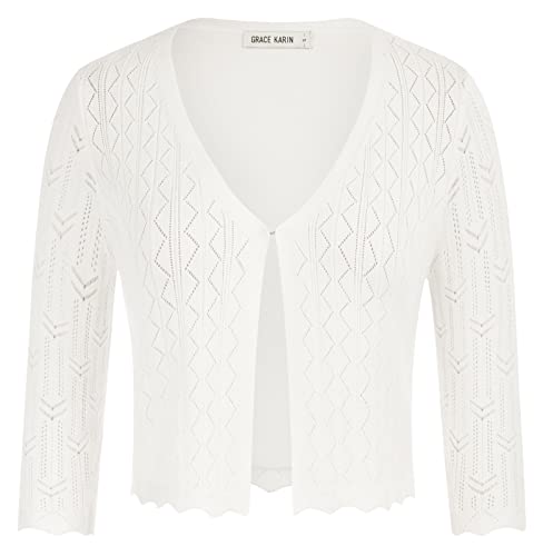 GRACE KARIN Bolero Damen Festlich Strickbolero Damen V-Ausschnitt Kurz-Strickweste Strickjacke 3/4 ÄrmelElegant Cardigan -2 S Elfenbein von GRACE KARIN