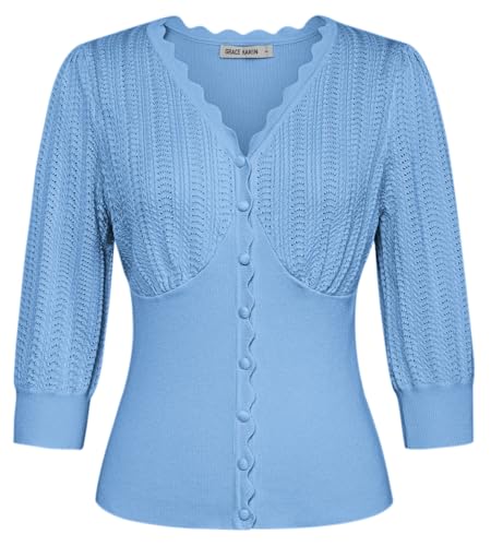 GRACE KARIN Bolerojacke Damen Dünne Leichte Cardigan Festlich Vintage Strickjacke Langarm Sommer Elegante Oberteil XXL -03 Hellblau von GRACE KARIN