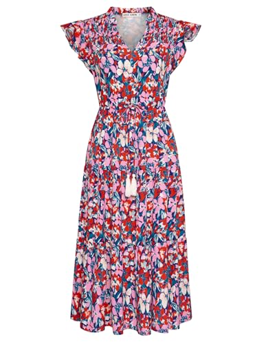 GRACE KARIN Cap Ärmel A-Linie Blumen Kleid für Damen Fließend Sommerkleider Kordelzug Stufen Rüschen Lange Strandkleider mit Taschen Blau Rot M von GRACE KARIN