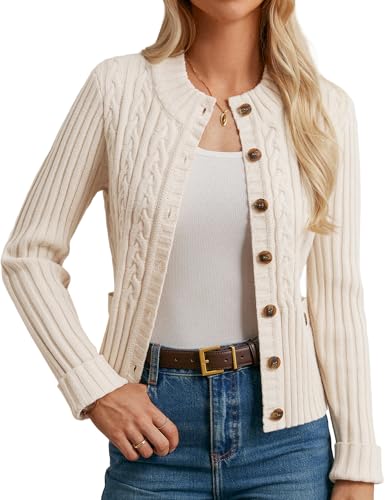 GRACE KARIN Cardigan Damen Elegant Wintger Stehkragen Langarm Strickjacke Damen Business Outfit mit Knöpfen Apricot L von GRACE KARIN