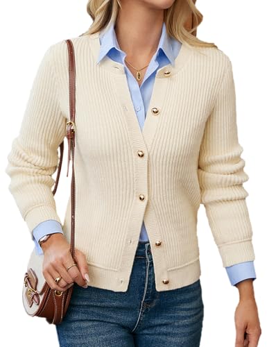 GRACE KARIN Cardigan Damen Kurz Rundhalsausschnitt Langarm Strickjacke Damen Herbst Winter Blazer Business Outfit Apricot M von GRACE KARIN