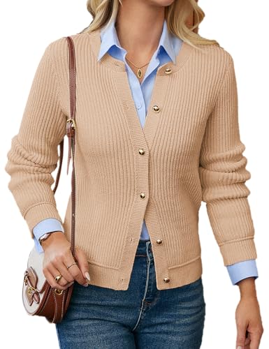 GRACE KARIN Cardigan Damen Kurz Rundhalsausschnitt Langarm Strickjacke Damen Herbst Winter Blazer Business Outfit Khaki M von GRACE KARIN