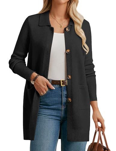GRACE KARIN Cardigan Damen Lang Lässig Revers Kragen Oversize Cardigan mit Knöpfen Business Outfit CL172-01/Schwarz M von GRACE KARIN
