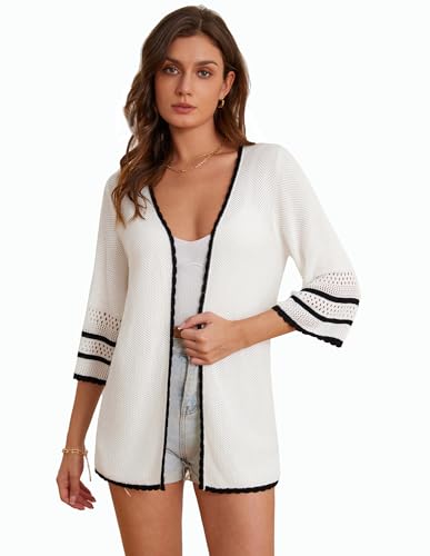 GRACE KARIN Casual Damen Leicht Sommerjacke 3/4 Ärmel Elegant Dünn Strickjacke Open Front Lang Strickjacken Weiß 2XL von GRACE KARIN