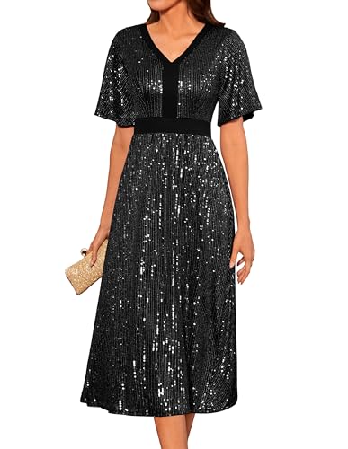GRACE KARIN Casual Freizeitkleid Elegant Paillettenkleid Kurzarm Abendkleid V-Ausschnitt Swing Cocktailkleid A-Linie Faltenrock XL Schwarz von GRACE KARIN