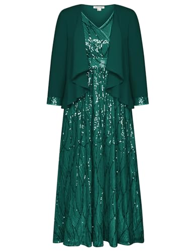 GRACE KARIN Damen 1950er Retro Pailletten Partykleid Hohe Taille Plissiert Wickelkleid Ärmellos V-Ausschnitt Abendkleid Chiffon Maxikleid Hochzeit Dunkelgrün 40 von GRACE KARIN