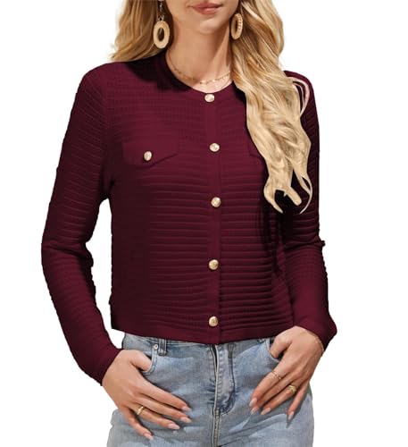 GRACE KARIN Damen 2024 Einfarbige Strickjacke Rundhals-Cardigan Langarm Casual Arbeit-Jacke Elegant Business Shrug Hochzeit Outfit Dunkel Rot XL von GRACE KARIN